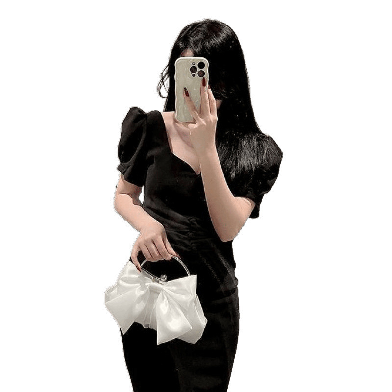 法式仙女褶皱百搭蝴蝶结夹子宴会包丝绸饺子云朵手拿斜挎包旗袍包|undefined