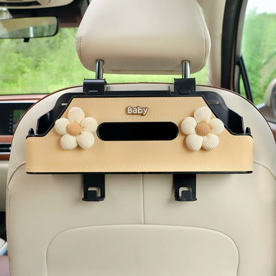 Cute Rear Storage Rack Water – Car tissue box/set - no-specifications-beige-five-petal-flower-beige-chair-back-double-water-cup-storage-box