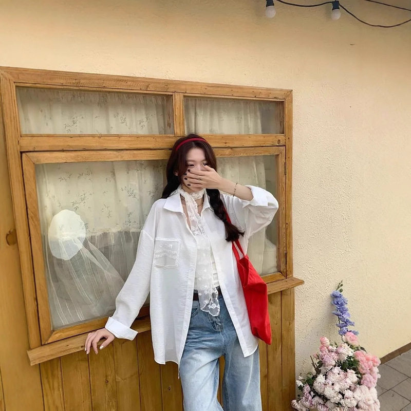 Elegant Lace Tie New Long-Sleeved White Shirt Women's Spring Fresh Design Shirt Cardigan Top Women