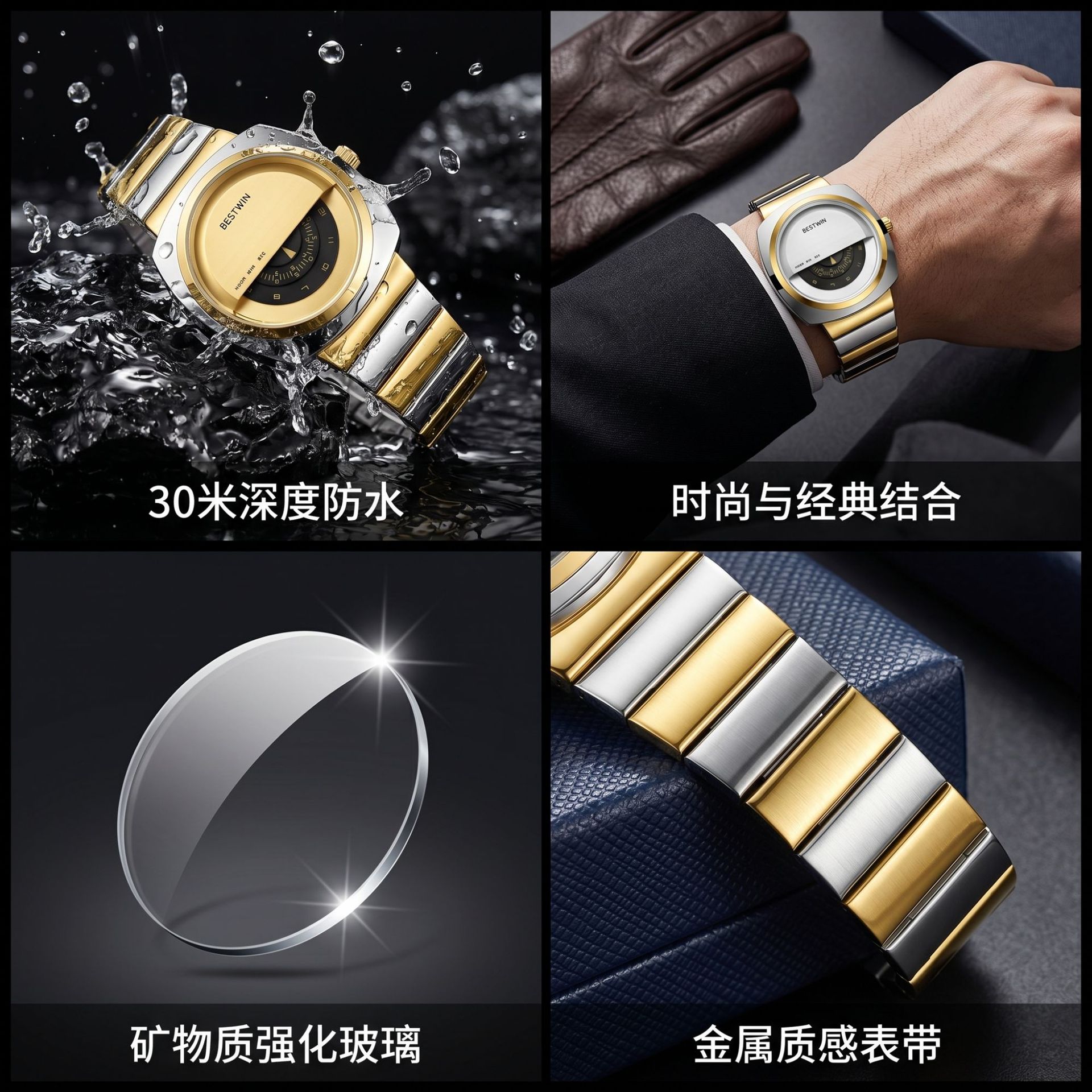 BESTWIN 남성 패션 손목시계 42mm 스테인리스 밴드 30M 방수 쿼츠시계 219-1