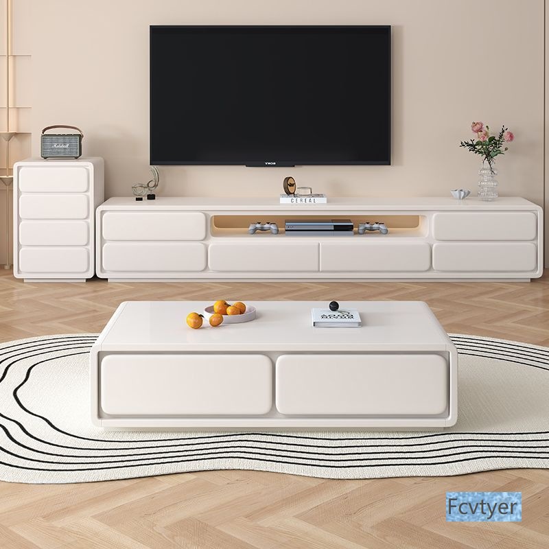 Cream Style Double-Layer Floor-Standing Coffee Table Tv Cabinet Modern Simple Living Room Home Small Apartment White Coffee Table Tv Cabinet