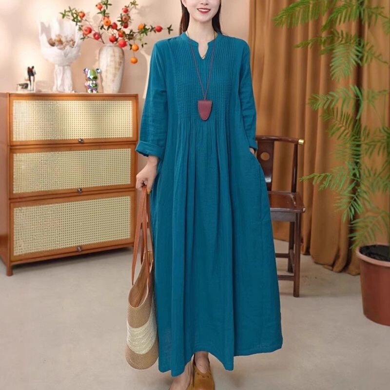 Cotton and Linen Dress with Artistic Retro Style, Casual Pleated Design, Long Dress, New Autumn Model, Long Sleeves, Over-The-Knee, Large Hem Skirt