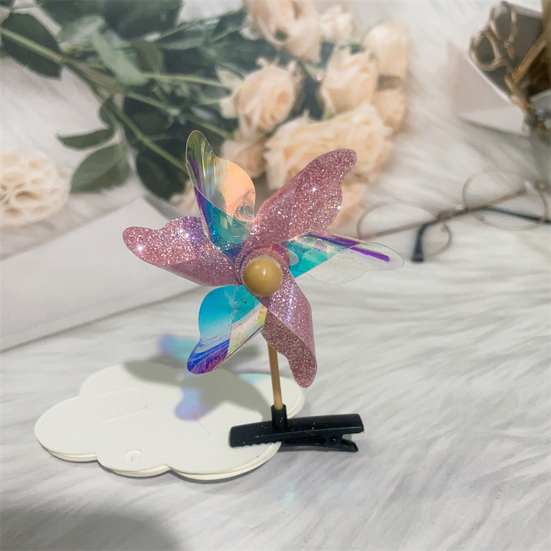 더블 핑크 여섯 잎 풍차 머리핀