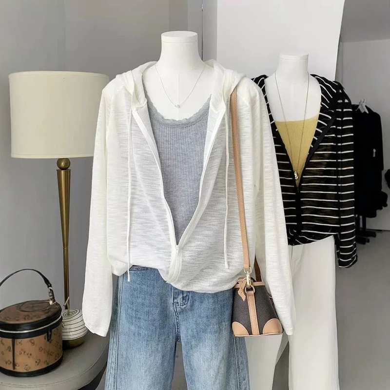 2026 Large Size Striped Hooded Sun Protection Knitted Cardigan for Women Summer Loose Casual Air Conditioning Shirt Thin Jacket 2026 Large Size Striped Hooded Sun Protection Knitted Cardigan for Women Summer Loose Casual Air Conditioning Shirt Thin Jacket