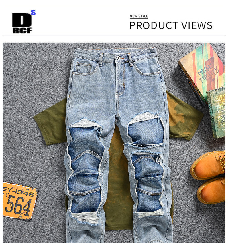 Men's Clothing Retro Distressed Patchwork Jeans For Men, Loose Straight Leg, Trendy Brand Pants._mkmklike.com