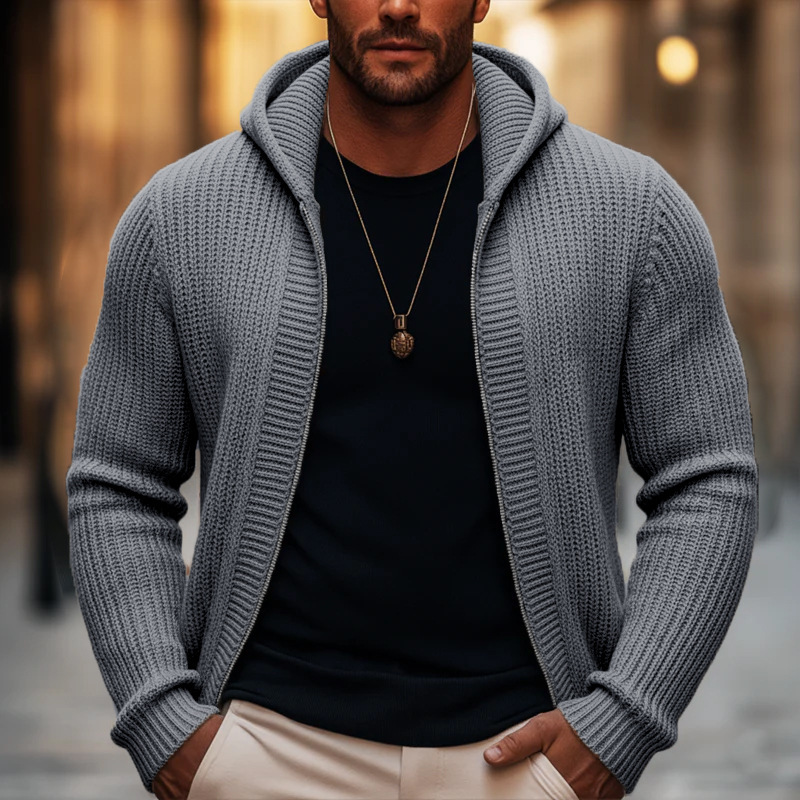 Estación independiente primavera y otoño chaqueta de cremallera de punto para hombres suéter sólido y pesado con capucha suéter de moda para hombres transfronterizos Europa y Estados Unidos image 10