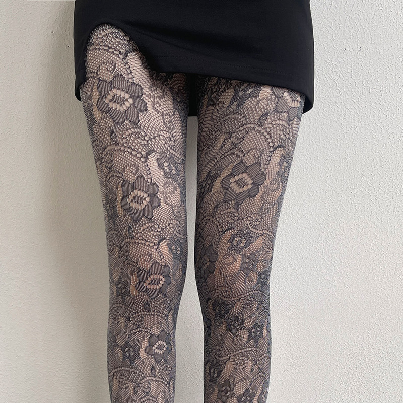 Italian Two-Tone Floral Lace Subculture Large Stretch Fashionable Girl Base Pantyhose Gray Series Gray Socks
