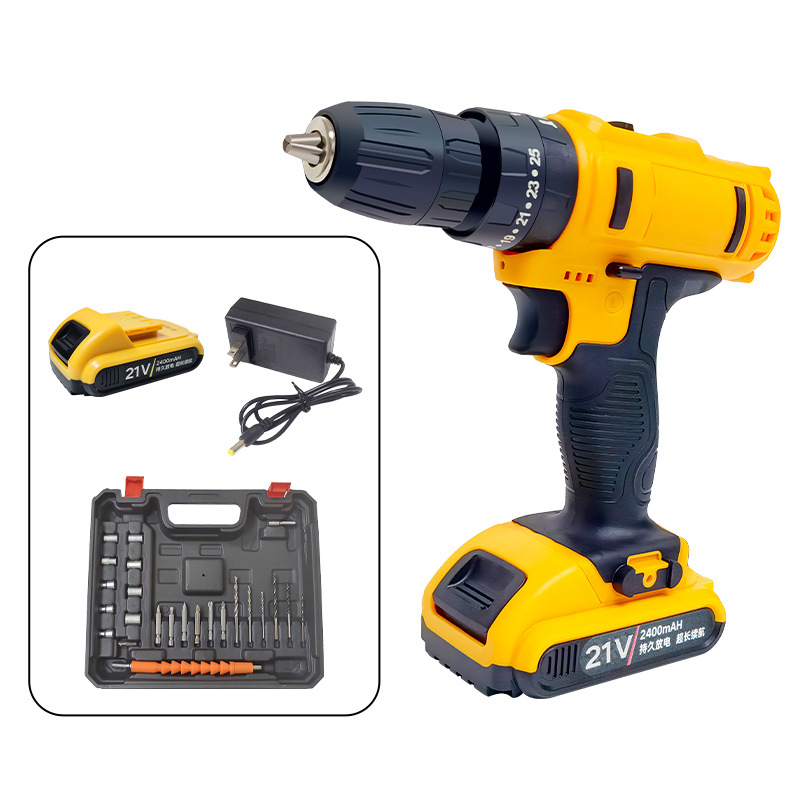 Soporte al procesamiento al por mayor del tipo de comercio exterior destornillador eléctrico multifuncional taladro de litio taladro de impacto amarillo taladro de mano de carga
