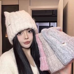 韩版秋冬针织帽子女时尚字母标可爱猫耳朵毛线帽保暖显脸小套头帽