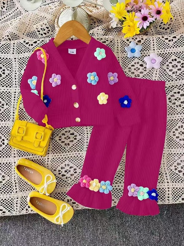 子供's clothing春秋女の子ニット立体花長袖コートとラッパズボンの中|undefined