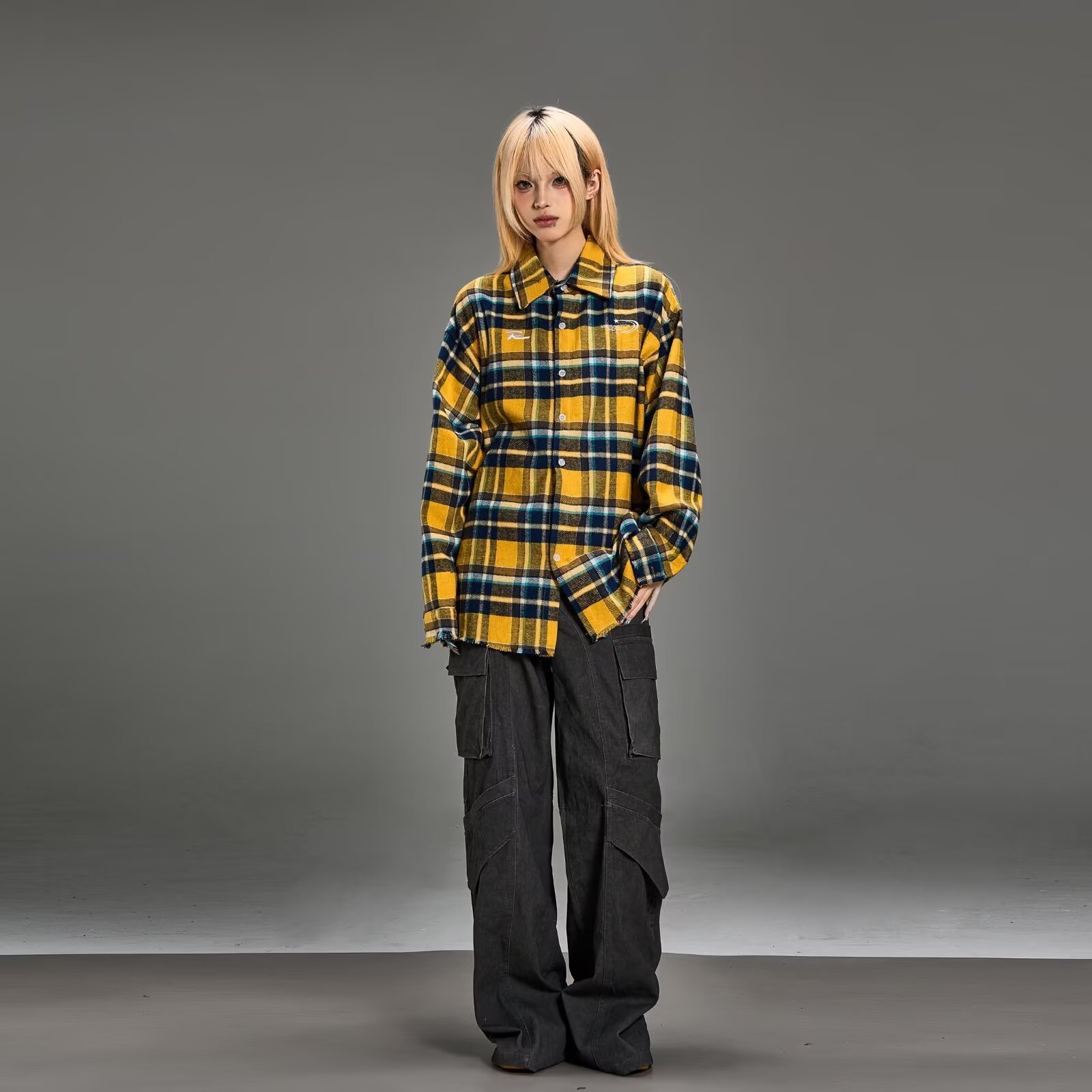 노란색 격자 무늬 셔츠 소녀 유행 하라주쿠 일본식 작은 신선한 느슨한 복고풍 캐주얼 긴팔 셔츠 자켓
