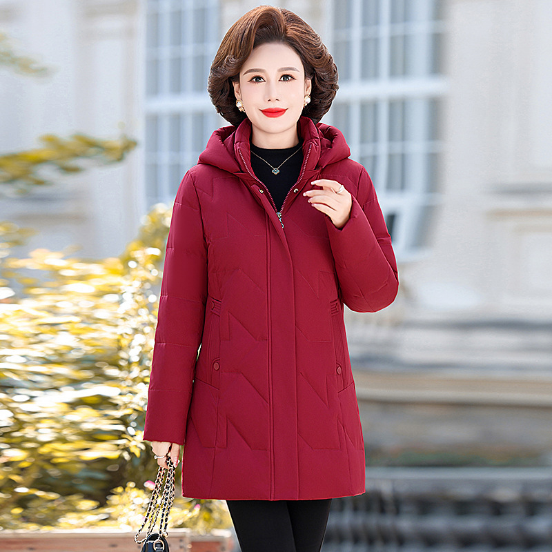 Hooded down Jacket for Middle-Aged Mothers, 2025 New Style, Elegant and Slimming, Warm White Duck down Coat for Ladies