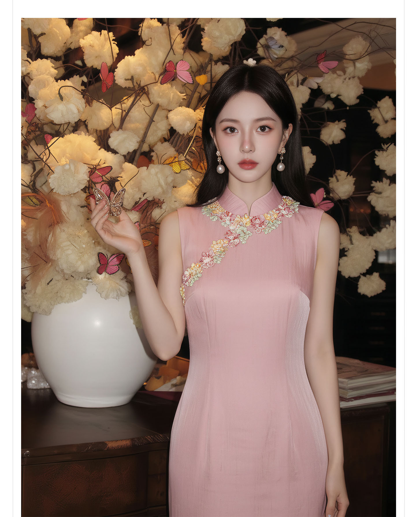 Bộ váy đầm maxi thắt eo kiểu Trung Hoa cải tiến kèm áo khoác choàng tua rua — Trang chủ, bộ đồ, váy liền, váy xanh chi tiết 4
