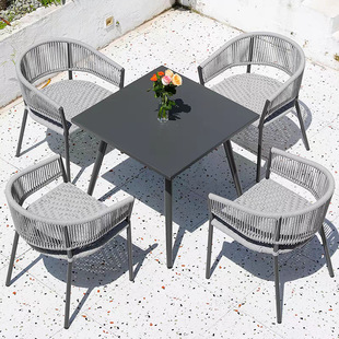 Outdoor Tables and Chairs, High-End Villa Courtyard Garden Teak Long Table, Outdoor Restaurant Cafe Armrest Rattan Table and Chairs