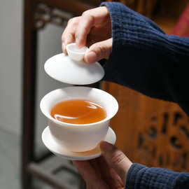 定制LOGO陶瓷茶具羊脂玉白瓷三才盖碗斗茶碗泡茶碗二才敬茶碗批发