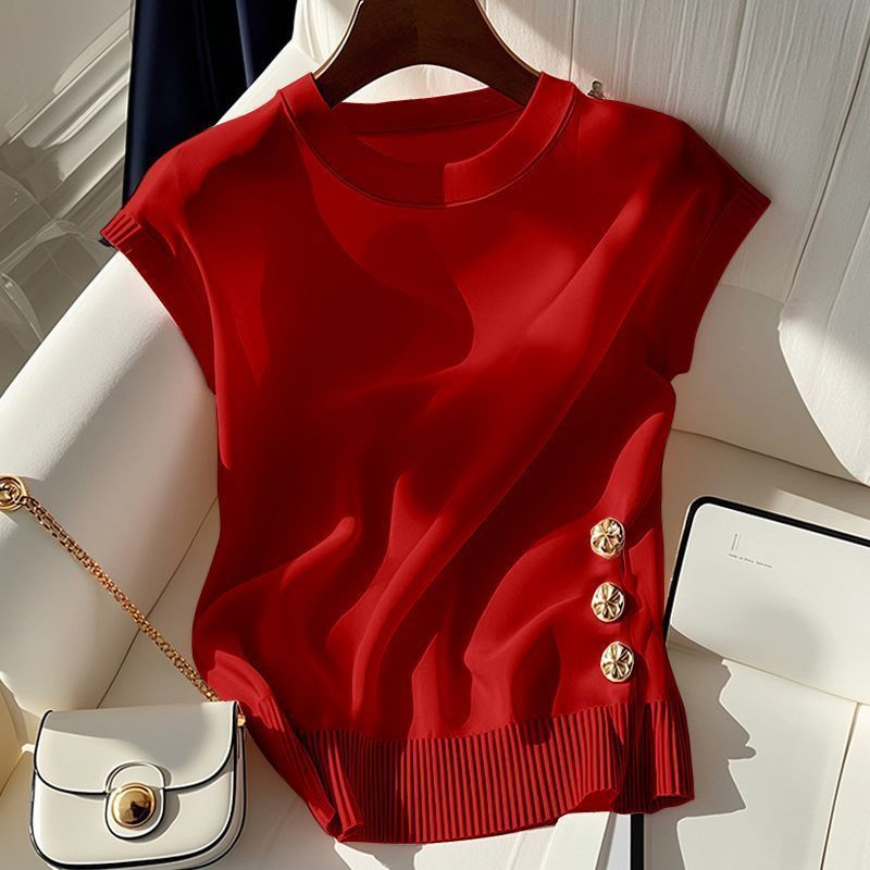 Women's Light Luxury Pink Knit Top Round Neck Sleeveless T-Shirt French Style Summer Chic Fashion For Youthful Women_voghion.com