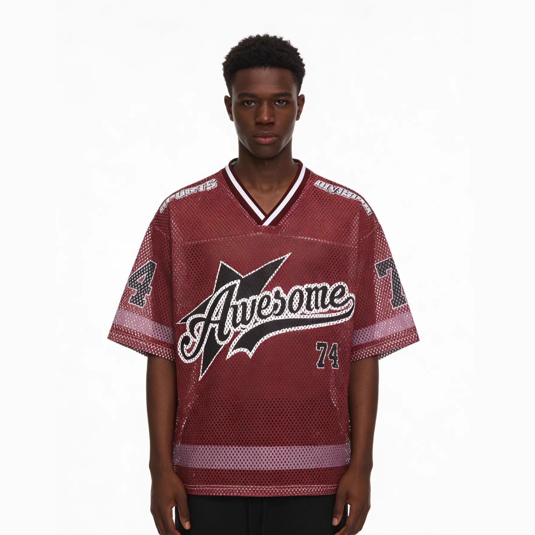 Men's Cross Border American Retro V Neck Sports Jersey Basketball Casual T-Shirt Color Blocked No. 77 Mesh Short Sleeved Letter Print_voghion.com