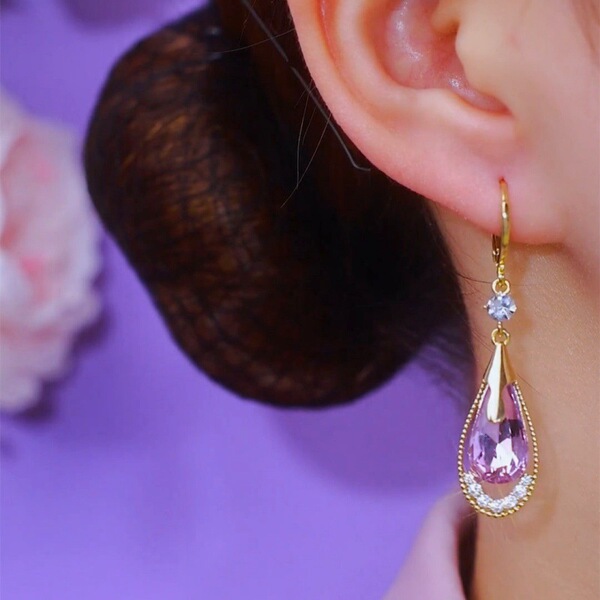 Purple fashionable elegant earrings drop-shaped