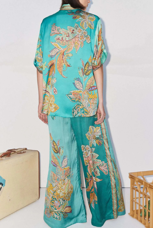 Retro Printed Satin Short Sleeve Collared Shirt Trousers Casual Suit