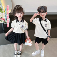 男女童2023夏季新款套裝學院風卡通Polo衫表演服套裝兄妹裝兩件套