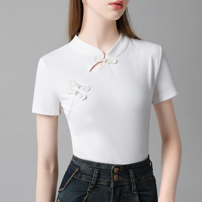 Nueva camiseta de manga corta con cuello cheongsam con hebilla oblicua china de estilo nuevo 2024 camiseta de manga corta con cuello alto de estilo nacional para mujer