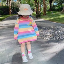 女童2025春季可爱新款中长款彩虹女宝宝ins长袖卫衣连衣公主裙子