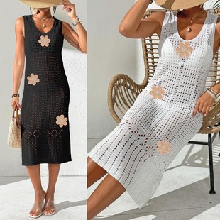 Women's dress Sexy Hollow Out Woven Vesset Dress Embroidered Flower Patchwork Beach Bikini Blouse dress
