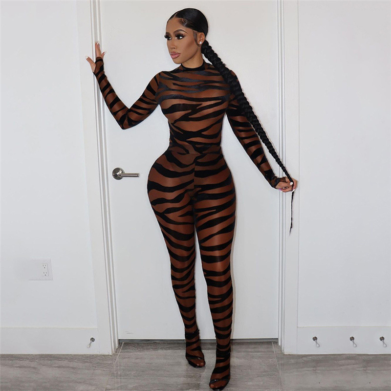 Semi-Turtleneck Perspective Mesh Striped Print High Waist Tight Casual Jumpsuit NSYOM111973