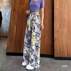 [大きいサイズ 40-150kg] ハイウエストワイドレッグパンツ夏薄氷シルクシフォンクールプリントビーチカジュアルパンツ