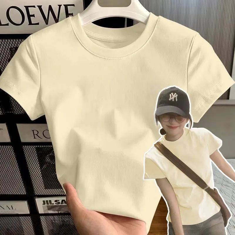 Heavyweight Pure Cotton American-Style Regular Shoulder Round Neck Short-Sleeve T-Shirt for Women, High-End Versatile Slim-Fit Sweet and Cool Design Top, Ins Style Heavyweight Pure Cotton American-Style Regular Shoulder Round Neck Short-Sleeve T-Shirt for Women, High-End Versatile Slim-Fit Sweet and Cool Design Top, Ins Style