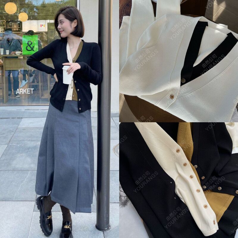 26 Early Spring New Style: Sophisticated Aesthetic Dm Color-Block High Twist Cotton Faux Two-Piece Ribbed V-Neck Knit Sweater