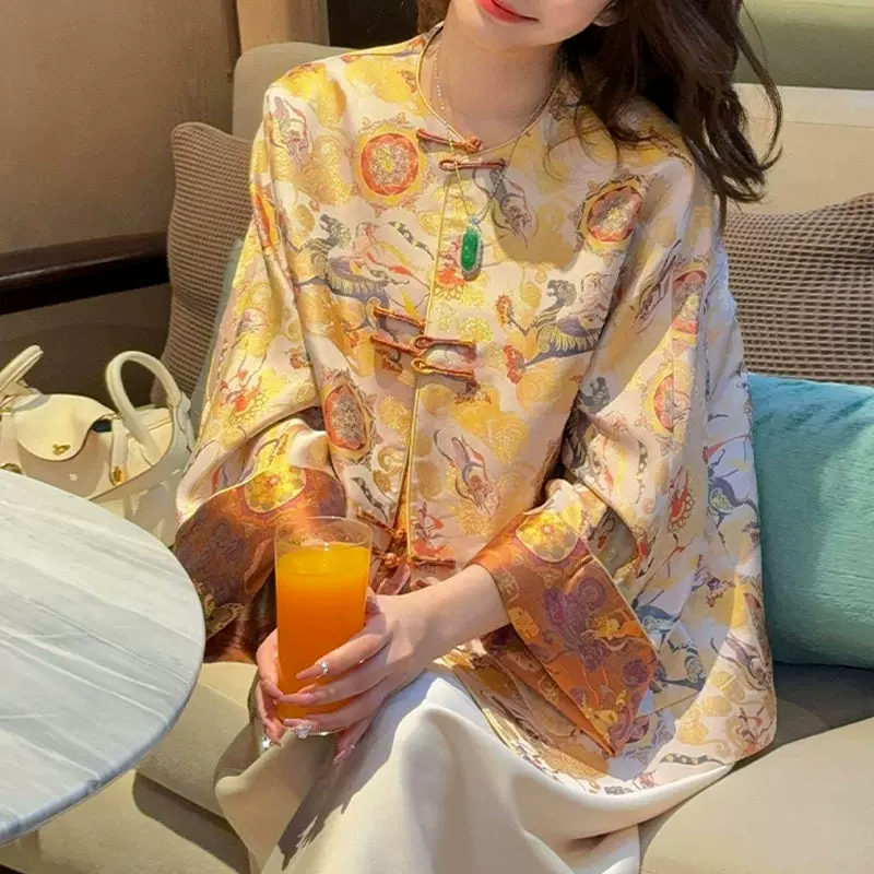 小众设计新中式女装国风盘扣唐装上衣高级超好看黄色宋锦印花外套