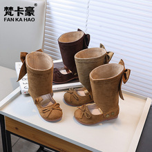 梵卡豪芭蕾风皮靴2025新款韩版女童蝴蝶结公主鞋儿童时尚长筒靴潮