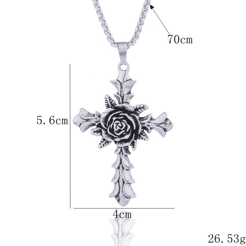 Nuova collana lunga con croce e fiore di rosa per uomo, ciondolo alla moda hip hop, versatile catena per maglione_voghion.com
