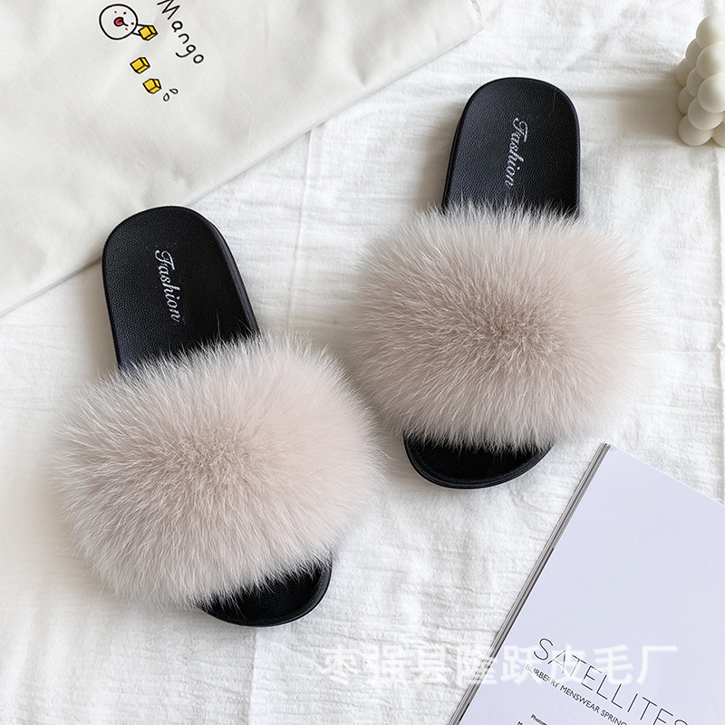 Amazon transfronterizo zapatillas de pelo de zorro real zapatillas de pelo de fondo plano zapatillas de pelo de mujer zapatillas de pelo de verano nuevas exportaciones