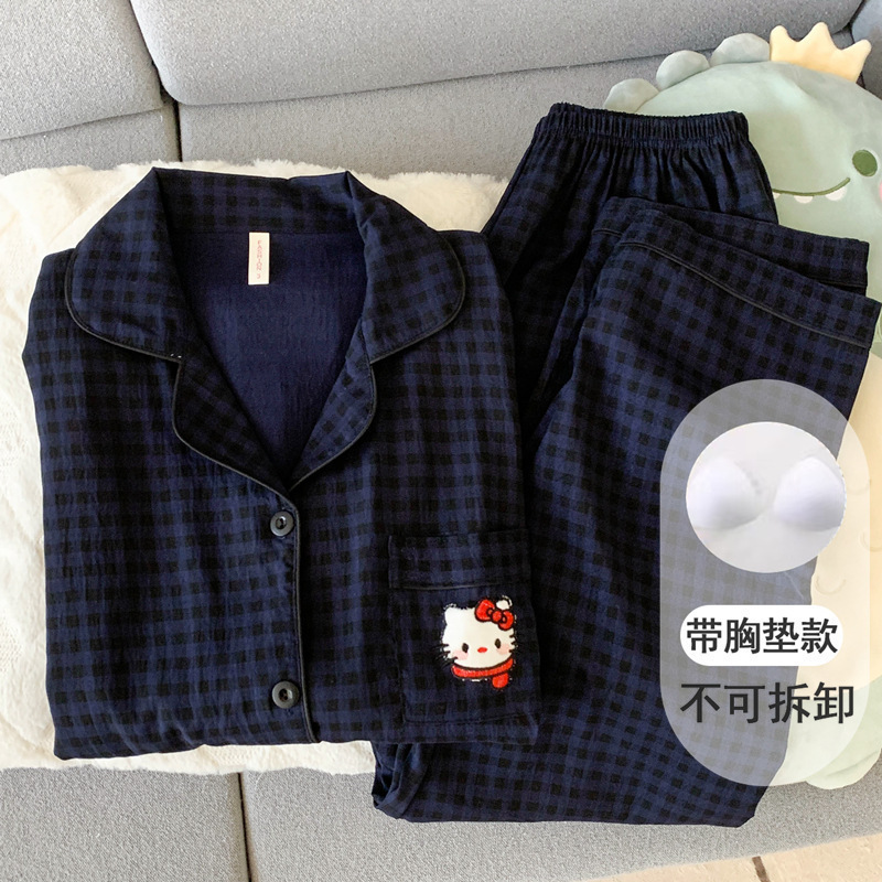 带胸垫一体甜美樱桃睡衣女春秋款云朵纯棉纱可外穿开衫家居服夏季|undefined
