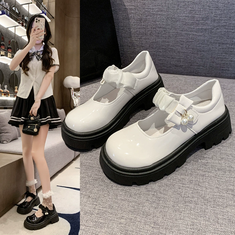 Черные французские кожаные туфли Мэри Джейн на толстой подошве для женщин, летняя новинка 2025 года, с юбкой, круглым носком, жемчужным толстым каблуком