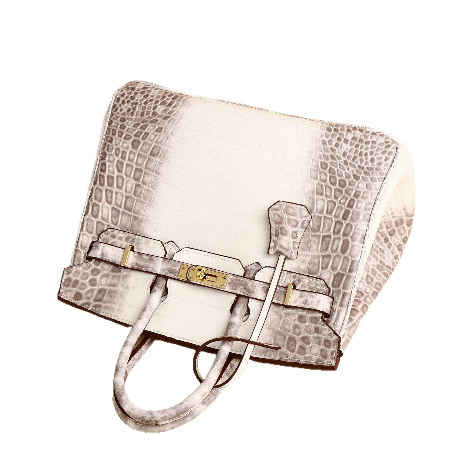 Túi xách tay nữ da PU cao cấp họa tiết vảy cá sấu phong cách Hermes Birkin 25 cm — Trắng Himalaya