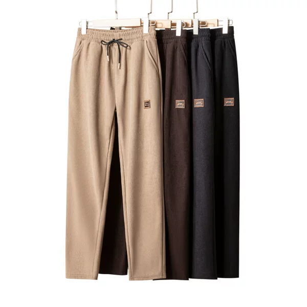 2026 Autumn Style Middle-Aged and Elderly Men's Cotton Velvet Pants, High-Waisted, Button-Front, Drawstring Straight-Leg Pants, Ultra-Fine Striped Loose Casual Pants