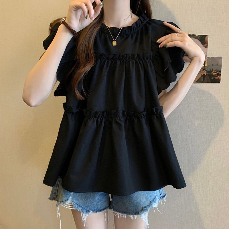 Designed Ruffled Loose Short-Sleeved Shirt for Women Summer New French Sweet Shirt That Covers the Belly and Looks Slimming Look Top