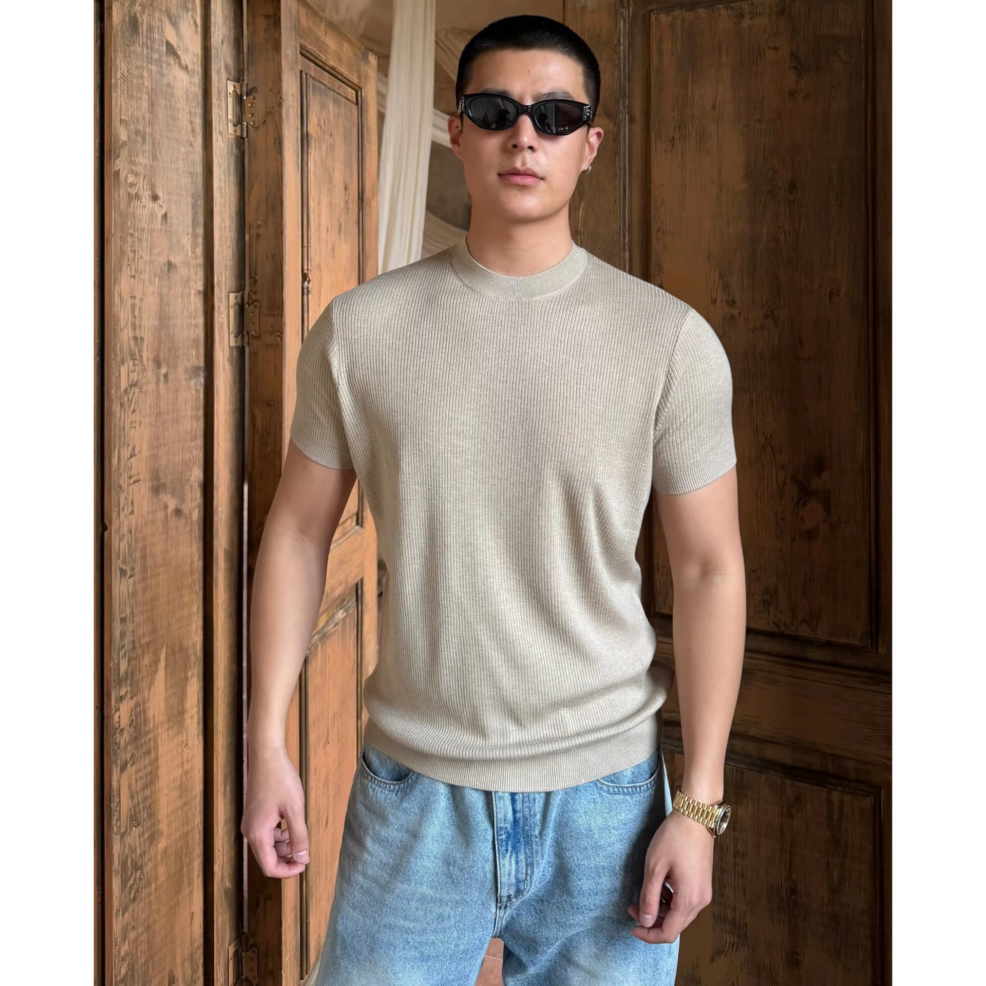 Camiseta de punto de manga corta camiseta textural hombre viejo estilo de hielo alto traje de verano de seda interior fábrica transfronteriza al por mayor