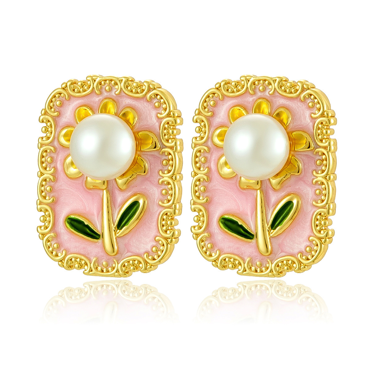 Pendientes de flor de girasol de perla con incrustaciones retro de estilo de lujo ligero Pendientes de aceite de goteo de esmalte pintado de estilo de marea nacional al por mayor transfronterizo