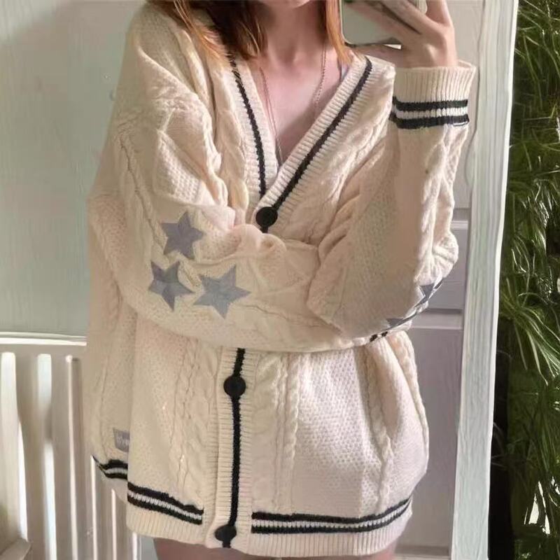 Autumn and Winter Pure Color Long-Sleeved Cardigan, Feminine Work Clothing European and American Batwing Knitted Off-White Single-Breasted Sweater Jacket