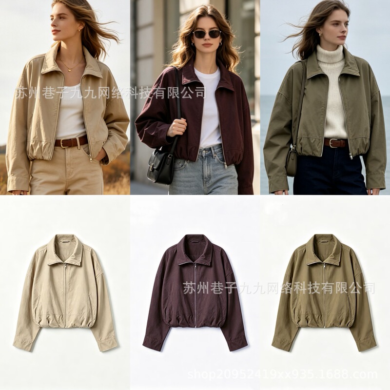 Export order! ZR European and American women's clothing, wholesale for cross-border sales, fashionable and casual polo-neck jacket with a flared hem Export order! ZR European and American women's clothing, wholesale for cross-border sales, fashionable and casual polo-neck jacket with a flared hem