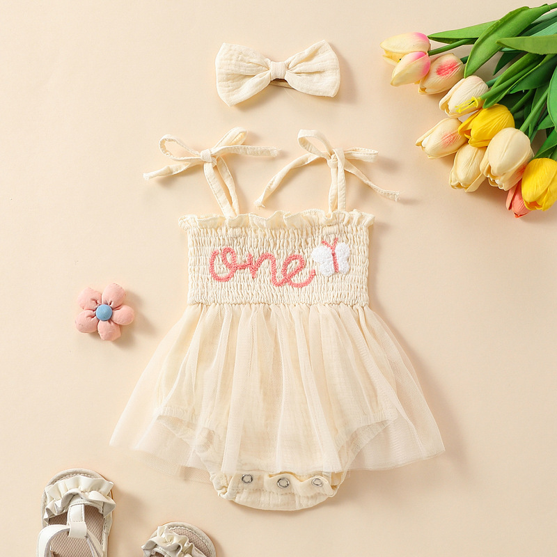 E2303A 幼児女児用 ONEプリントタオル刺繍入りサスペンダーネットスカート+リボンヘアバンド2点セット 肌に優しい|undefined