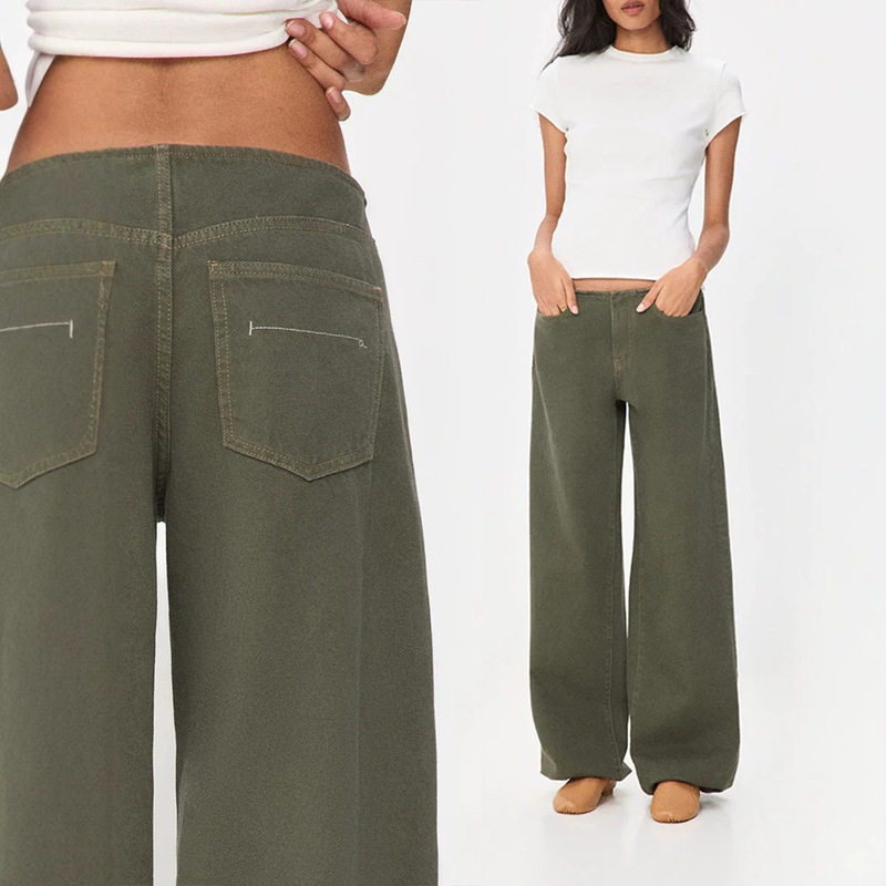 American retro style, loose-fitting, relaxed denim pants in olive green, designed to flatter the figure, with a straight-leg cut, low waist, and casual style, suitable for women