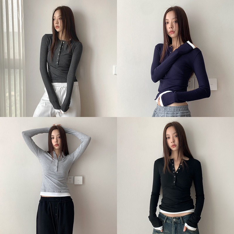 Dorothy South Korea Four-color Retro Half-breasted Henry Neck Repair Base Shirt Women's Slim-fit Contrast Color Fake Two-piece T-shirt Women