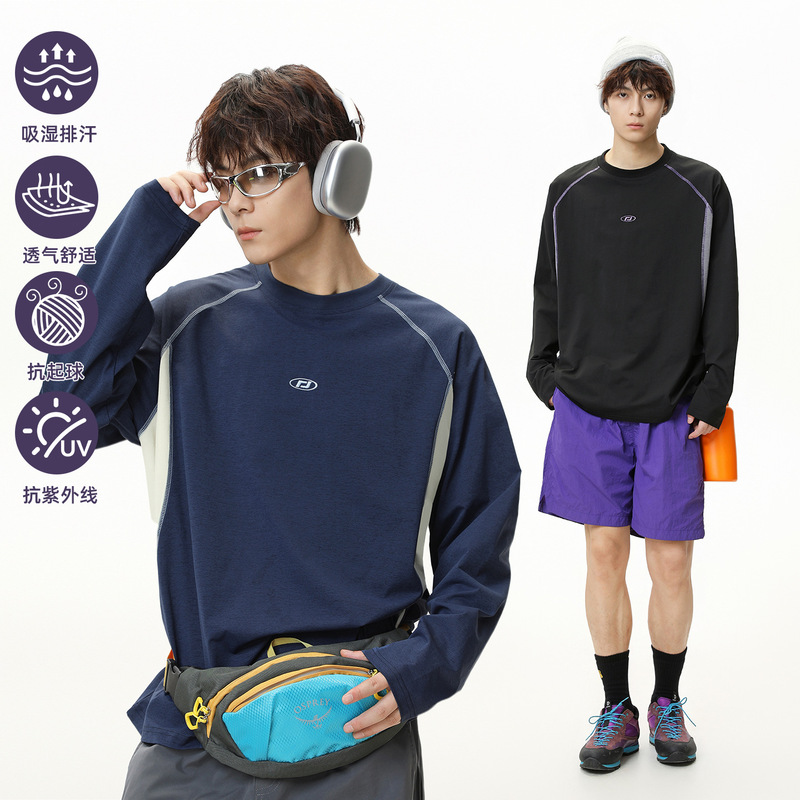 Spliced Contrasting Color Sun Protection Breathable Sports Style Long-Sleeved T-Shirt Men's Autum New Embroidered Loose Trendy Brand T-Shirt Sweatshirt