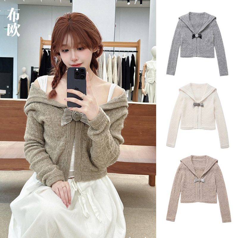 [Clearance, No Returns/Exchanges] Wool Knit Cardigan with Detachable Navy Collar and Bow, Gray Series Commuter Sweater