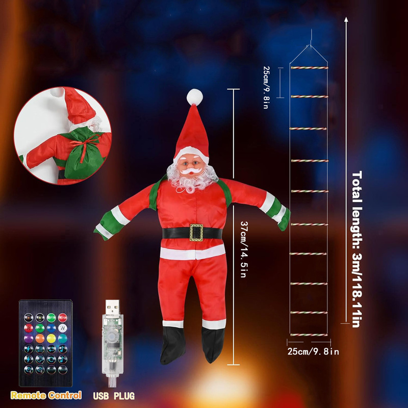 クリスマス装飾サンタクロースはしご灯串幻彩RGB灯串屋外クリスマス装飾階段灯|undefined